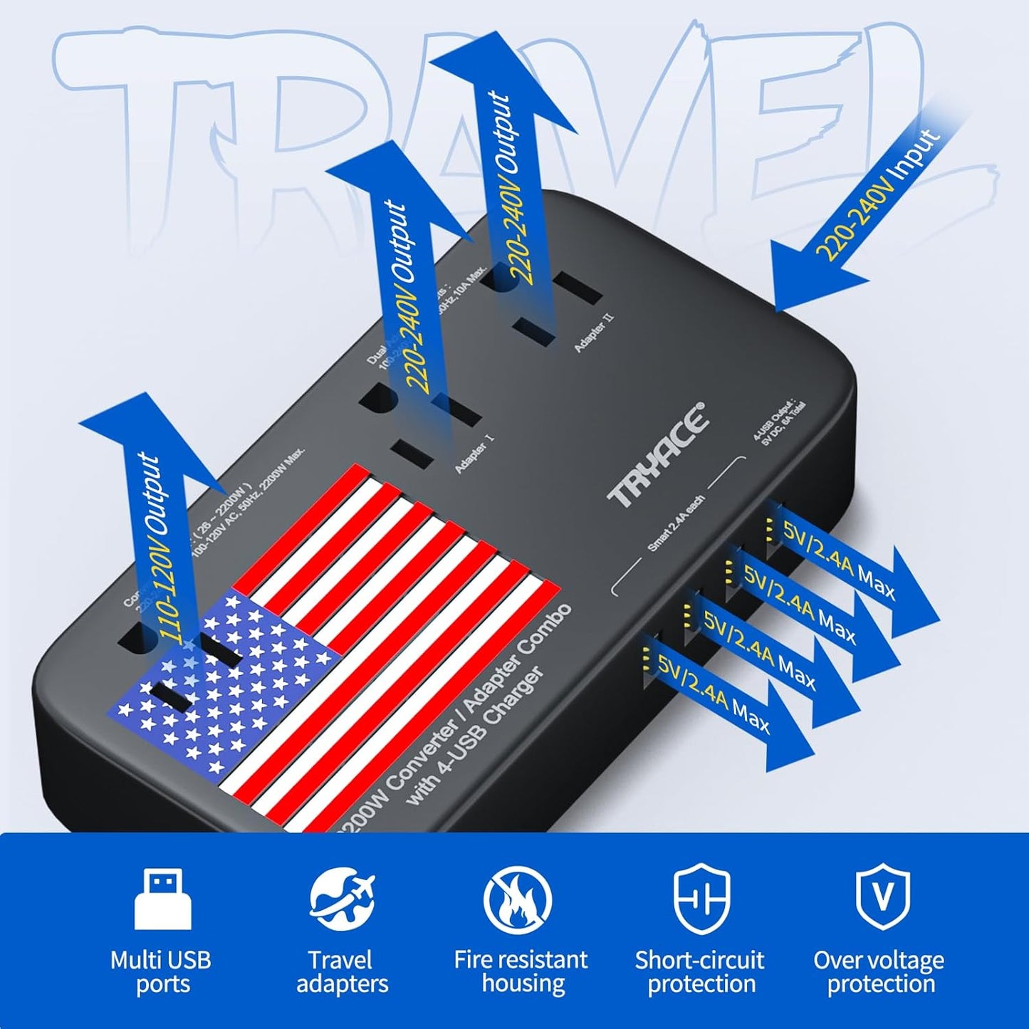 2200W Voltage Converter US to Europe, 220V to 110V Converter for European Travel for Hair Dryer Straightener Curling Iron with 3 AC Outlets and 4 USB Ports Power Converter Adapter Combo