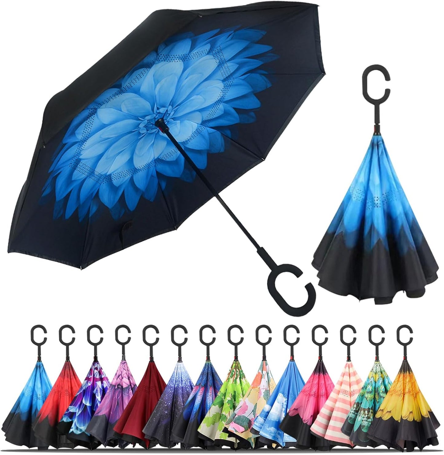 LLanxiry Windproof Inverted Umbrella, Large Reverse Umbrellas for Rain with C-shaped Handle Big Upside Down Inside Out Umbrella for Women & Men