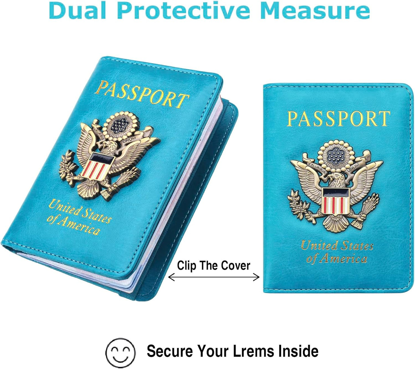 Passport Holder for Travel Men Women, RFID Blocking Passport Cover Leather Passport Wallet With 3D Metal Badge Waterproof Passport Case Travel Wallets Accessories Document Organizer (Sky Blue)