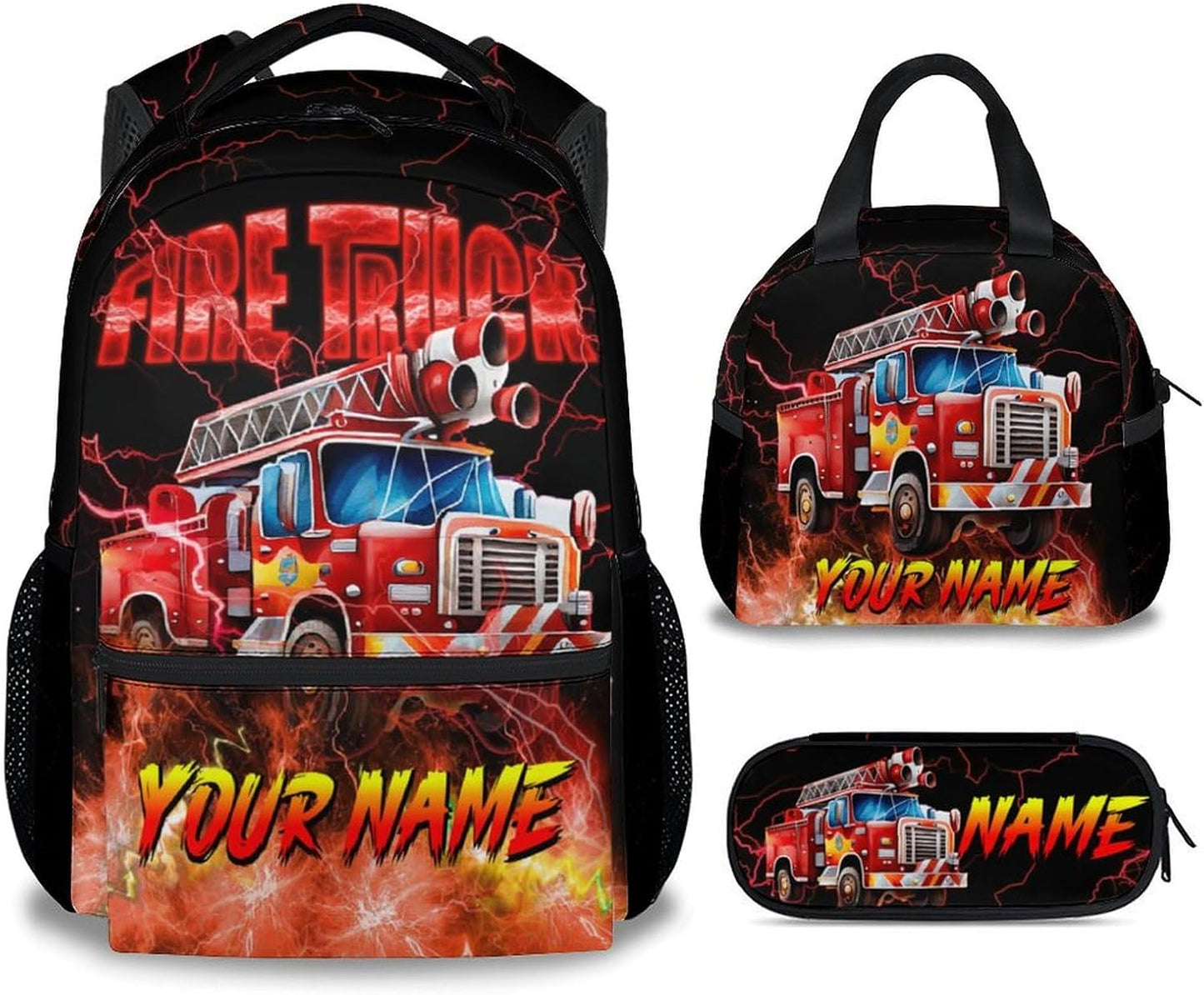 Personalized Backpack with Lunch Box, Custom Boys Bookbag for Ages 6-8, Fire Truck Backpack for School, 17 Inch Preschool Elementary Book Bag