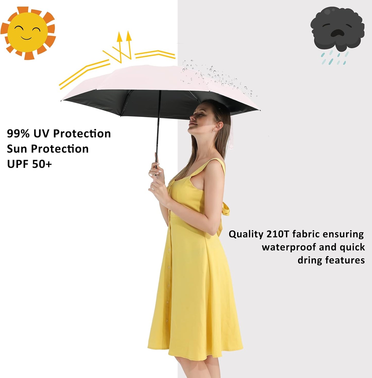 BAODINI Small UV Protection Travel Umbrella Compact for Rain and Sun UPF 50+ Windproof Portable 42 inch Umbrella for Women and Men
