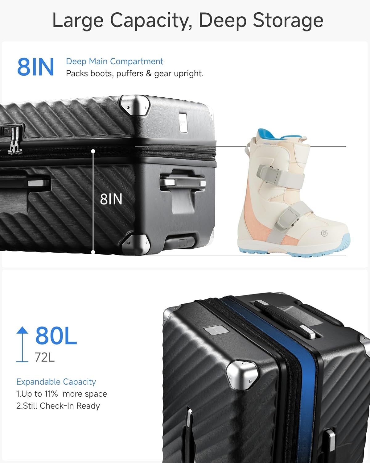 Trunk Luggage, Expandable PC Hard Shell Medium Checked 24 Inch Suitcase with Shock - Absorbing Wheels & TSA Lock, Black, 72L - 80L