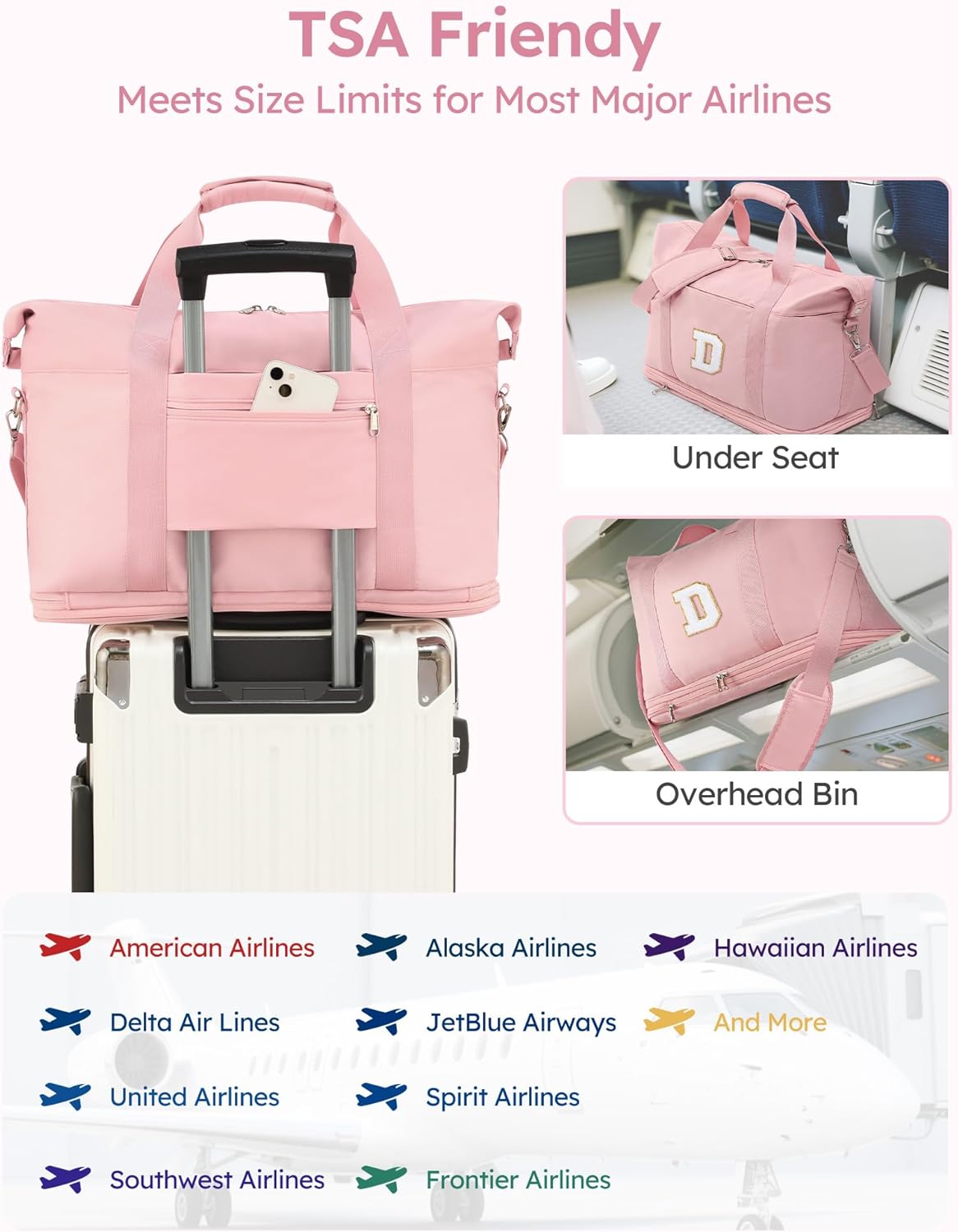 Personalized Initial Travel Duffle Bag for Women, Dance Bags with Foldable Shoe Compartment, Carry-On Weekender Duffel, Gifts for Teenage Girls, Water Resistant, Pink Letter D