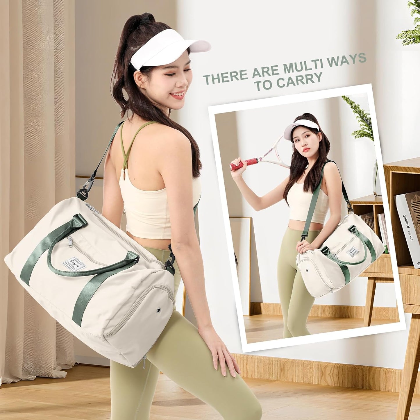 Gym Bags for Women Men with Shoes Compartment,Sports Duffle Bags Personal item travel Duffel Tote Bag Small Carry on Weekender Overnight Bag Workout Dance Bag Hospital Holdalls Beige Green