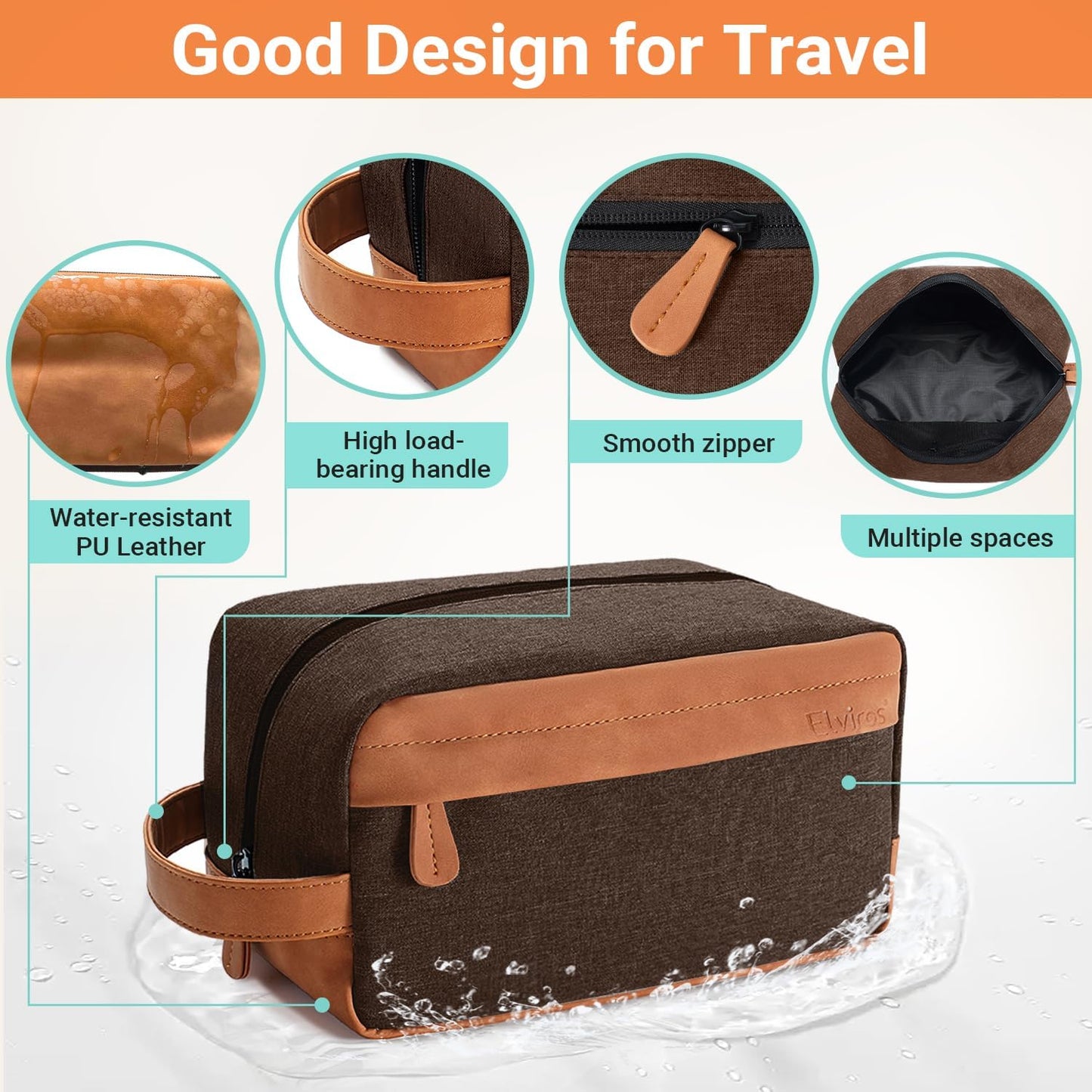 Elviros Travel Toiletry Bag for Men, Hanging Dopp Kit and Shaving Pouch, Waterproof PU Leather Mens Toiletry Travel Bag, Brown