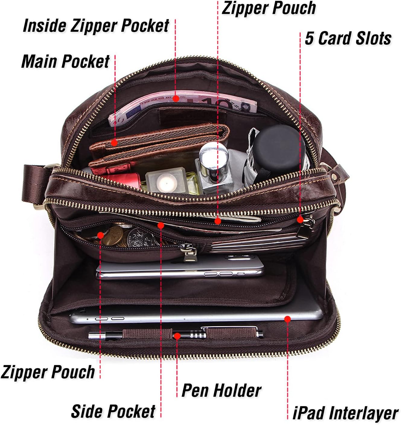 Top Grain Leather 8.3" Messenger Bag for Man & Woman, Multi Pockets, Fits to 7.9"/8.3" iPad for
