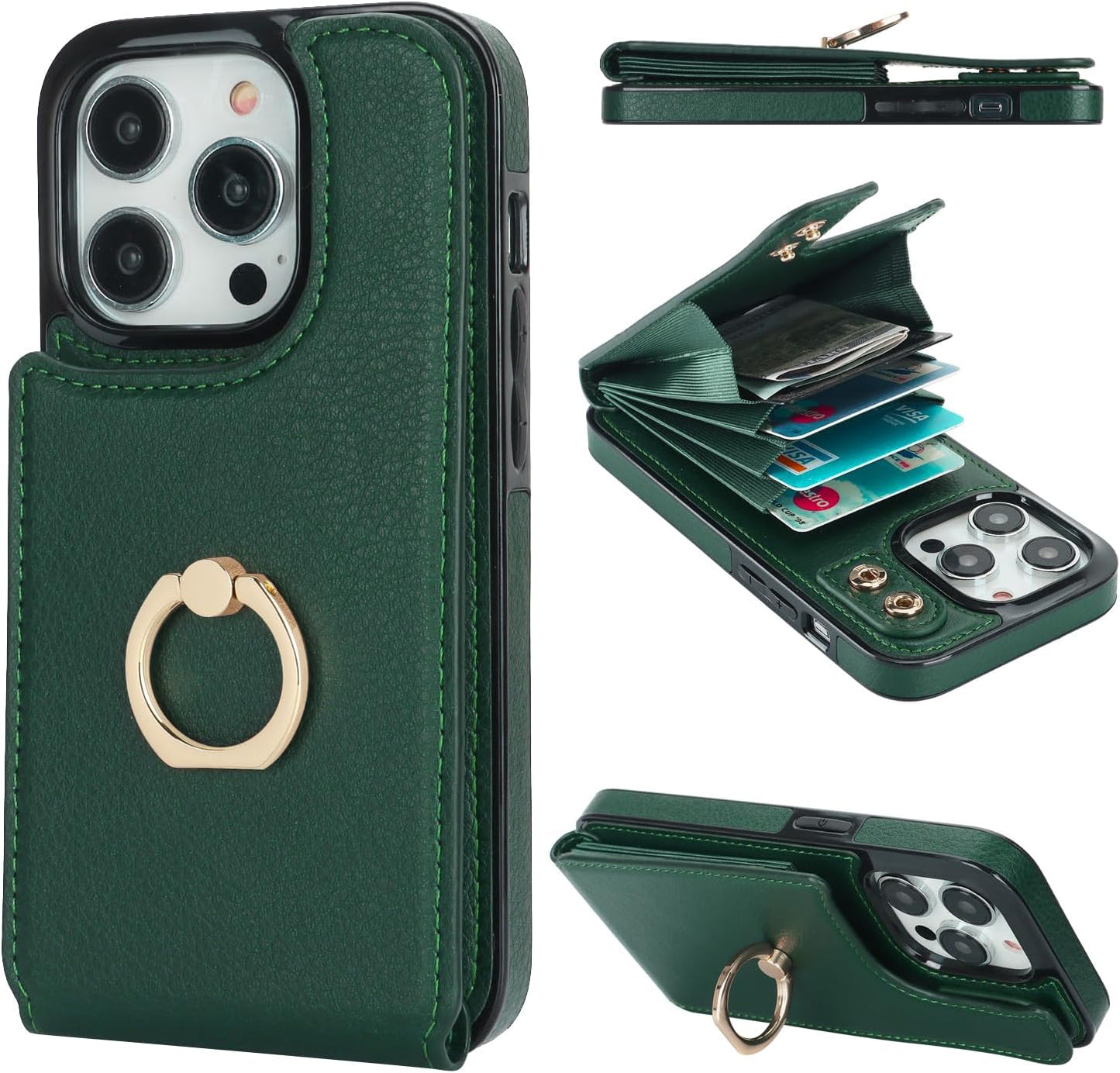 Folosu Compatible with iPhone 14 Pro Case Wallet with Card Holder, 360°Rotation Finger Ring Holder Kickstand, RFID Blocking Leather Protective Double Buttons Shockproof Cover 6.1 Inch Dark Green