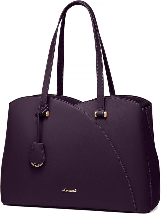 LOVEVOOK Laptop Tote Bag for Women Teacher Work, Leather Tote Bags Laptop Bag, Professional Computer Bag Large Purses Fashion Handbag, Dark Purple, Fits 15.6 Inch Laptop