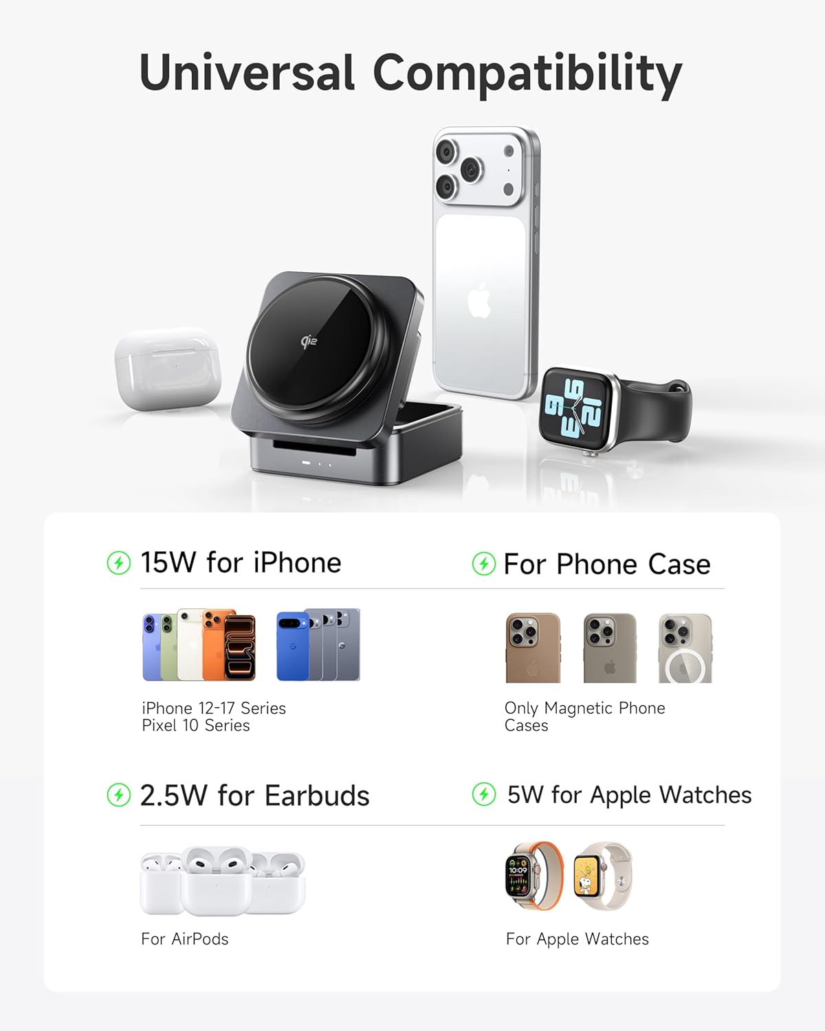 3-in-1 Wireless Charging Station for Apple, Qi2 Certified 15W Foldable Mag-Safe Travel Charger Stand Wireless Charger Dock for iPhone 17/16/15/14/13/12, Apple Watch & AirPods (30W Adapter Included)