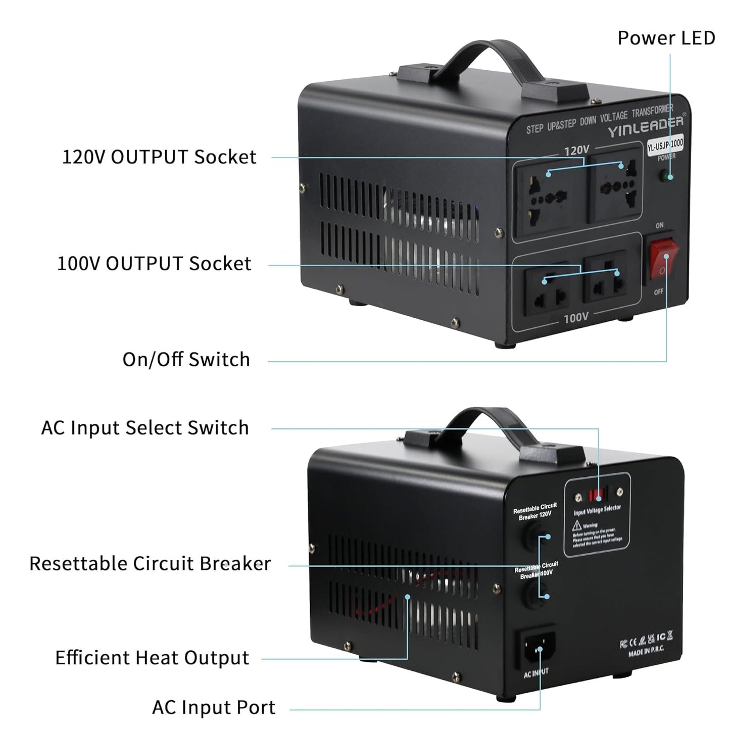Yinleader 1000W US 120V to 100V JP Japan Voltage Converter Step Down/Up Transformer Ideal for Japanese Turntable/Rice Cooker/Mochi Maker/Player/Cassette Deck/Heater/dehumidifier/Slot Machine, etc.