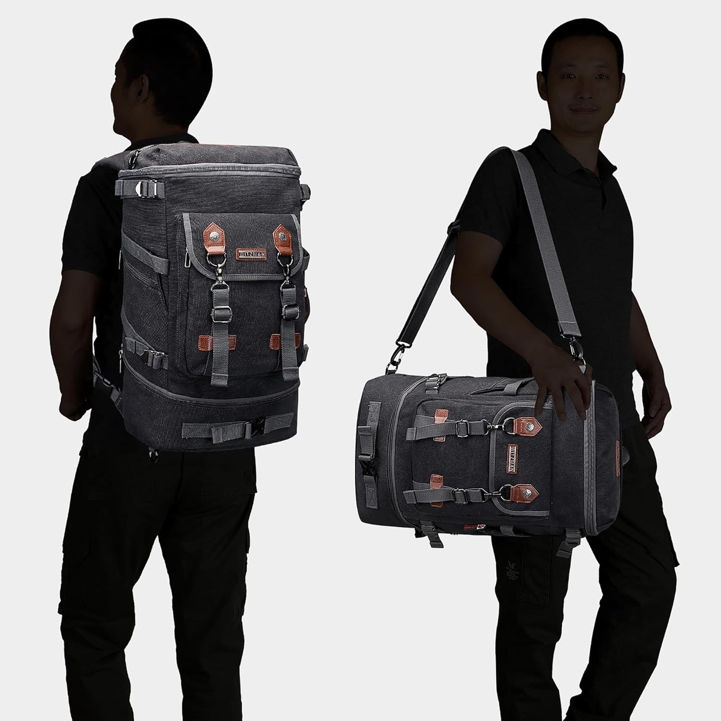 WITZMAN Travel Backpack for Men Women Canvas Backpack Carry on Luggage Rucksack Convertible Duffel Bag Large (A568 Black)