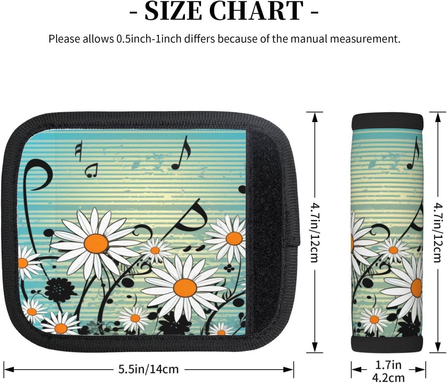 Luggage Handle Wraps Music Notes Daisy Flowers Blue Luggage Identifiers Soft Neoprene Luggage Handle Wraps For Suitcase Trolley Handle Grip Cover 2 Pack Luggage Tags