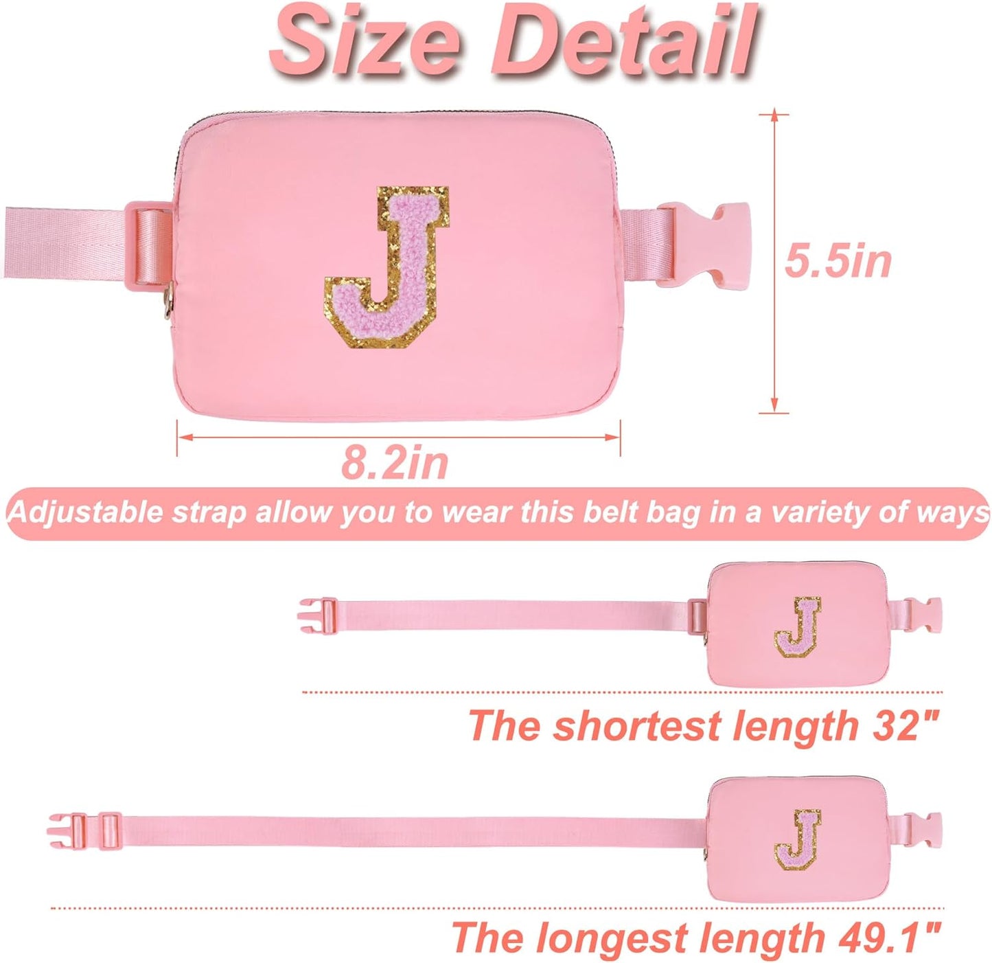 Personalized Belt Bag for Women Girls - Fashion Mini Waist Packs with Adjustable Strap - Trendy Travel Fanny Pack Crossbody Bags with Initial Letter - Teen Gifts | Peach,J
