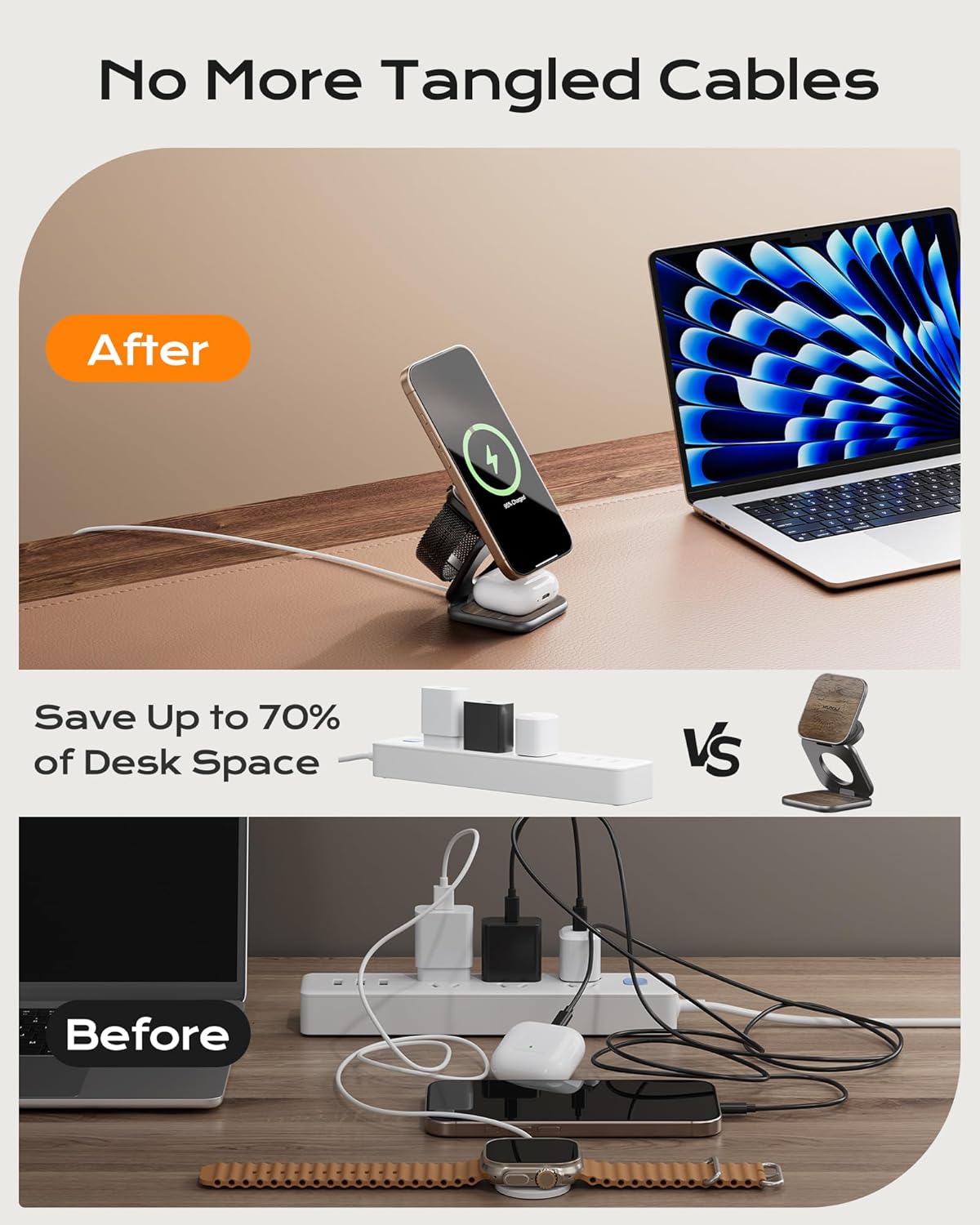 KU XIU Qi2.2 25W Magnetic Wireless Charger, Foldable 3 in 1 Travel Charging Station for iPhone 17/16/15/14/13/12, 5W for Apple Watch & AirPods, Aluminum Alloy Design, with 45W GaN Adapter, Wood Grain