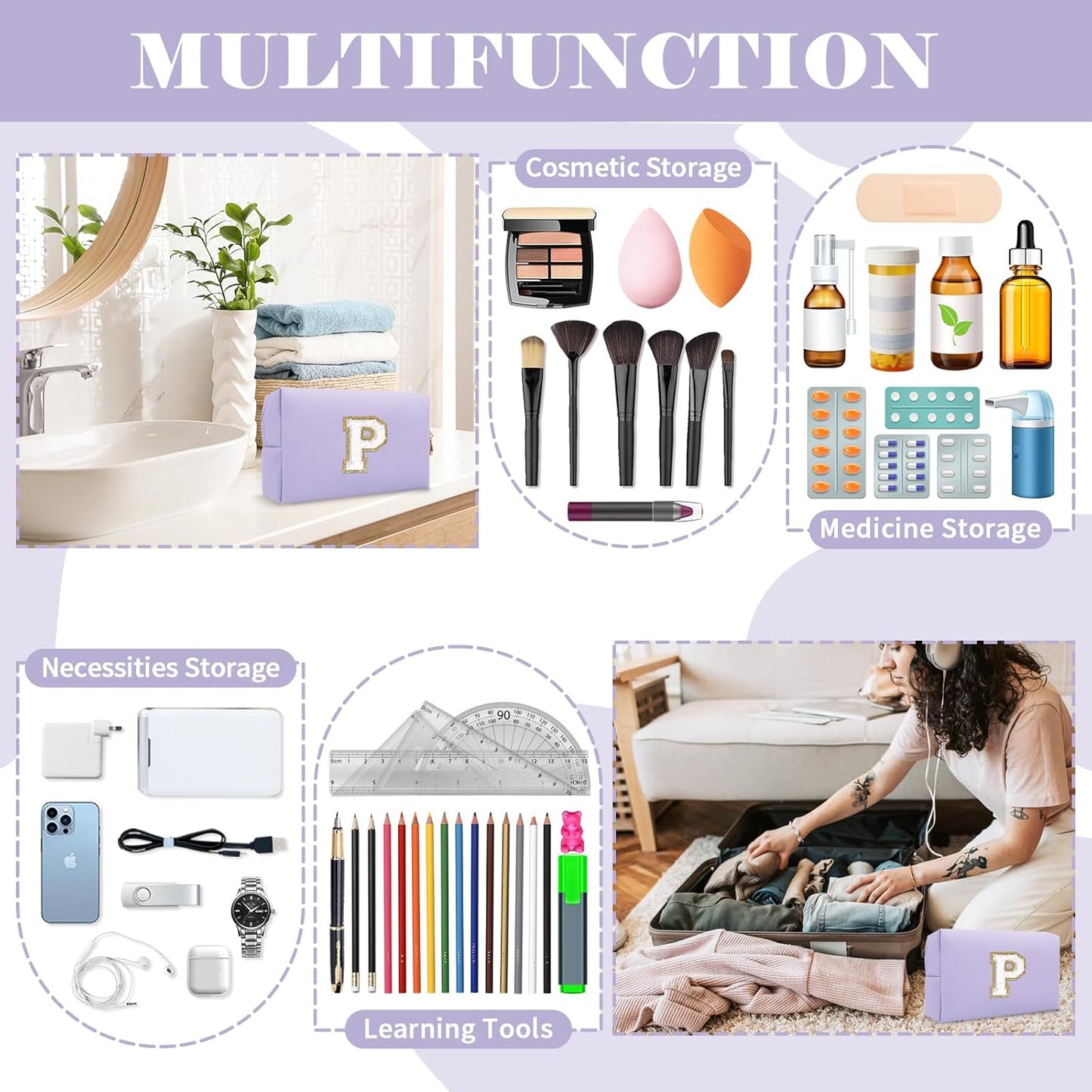 Personalized Makeup Bag Initial A-Z Preppy Patch Bag,Small PU Leather Travel Cosmetic Bag Pouch with Zipper,Purple Cute Toiletry Bag,Gift Ideal for Teen Girls Women Birthday Friend Mom,Latter P