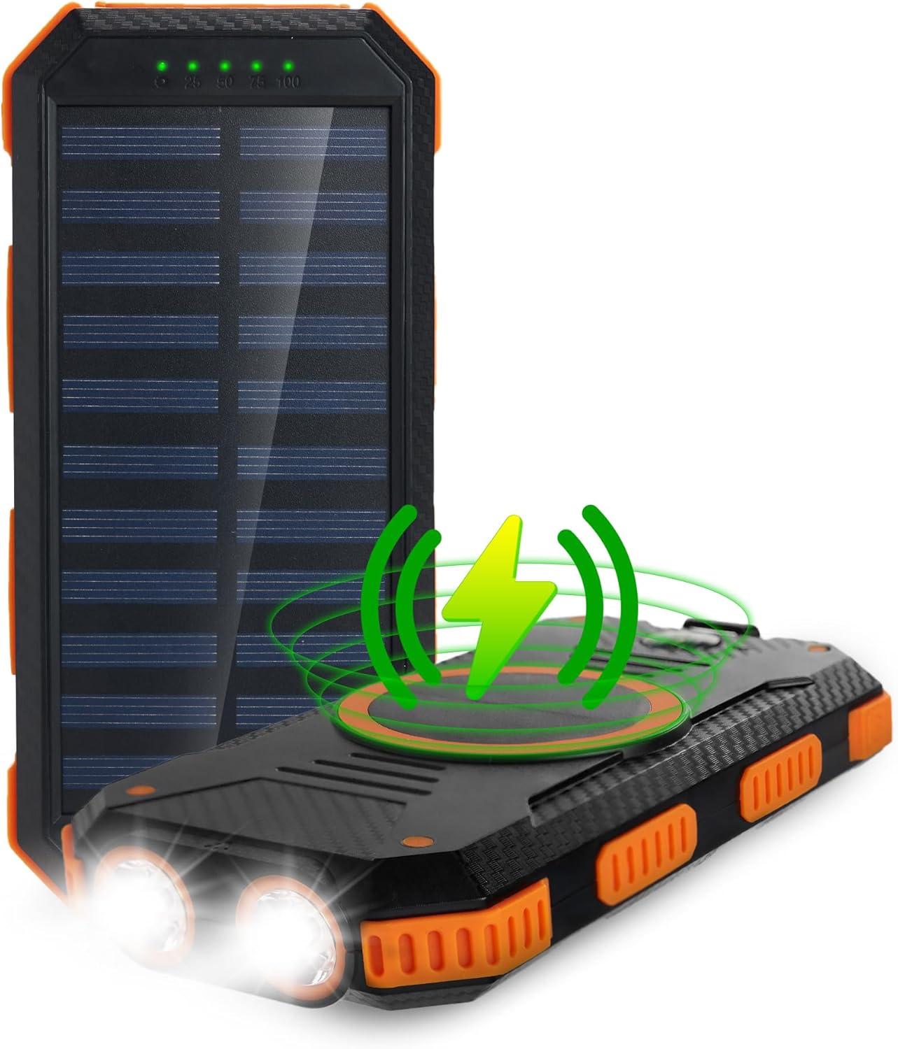 ChargeWorx Solar Power Bank with 2 USB-A Ports Plus USB-C and Micro-USB Charging Ports, 15,000 mAh Capacity, Includes Compass and Dual LED Flashlights, Ideal for Camping, Hiking, and More