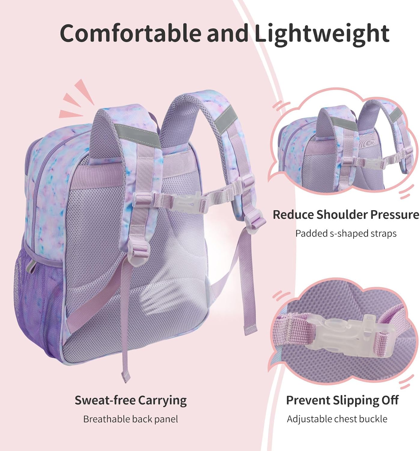 Kids Backpack for Girls - 15 Inch Backpack for Kids 3 to 8, Lightweight Bookbag for Preschool Kindergarten Elementary School, Insulated Pocket, Safe Reflective Stripe, Purple Tie-dye
