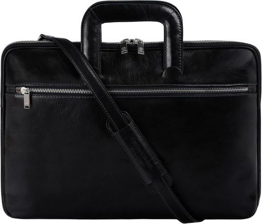 Time Resistance Slim Leather Briefcase - Italian Handmade Leather Computer Bag - Briefcase for Men and Women - Laptop Bag
