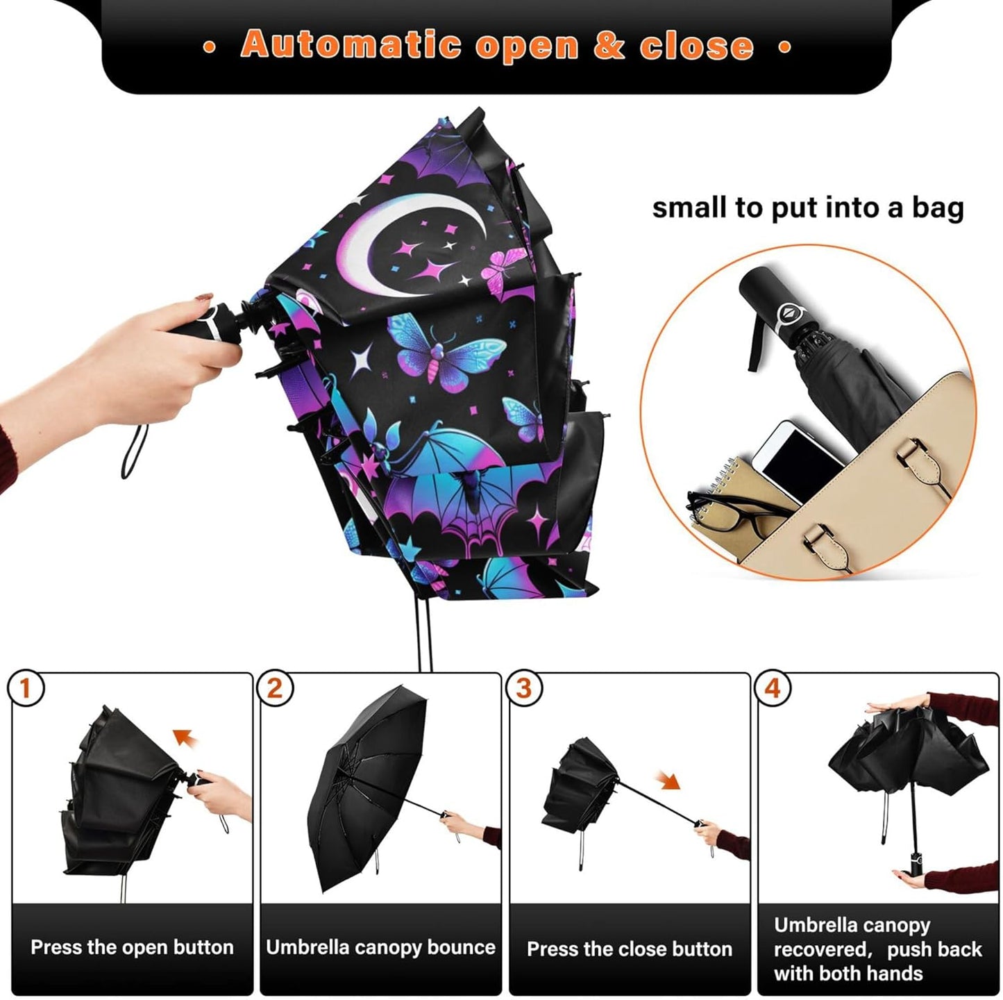 Automatic Folding Umbrella Windproof Strong, UV Protection Compact Black Gothic Moon Spider Webs and Bats Sun Rain Sun Rain Travel Umbrellas for Women Men