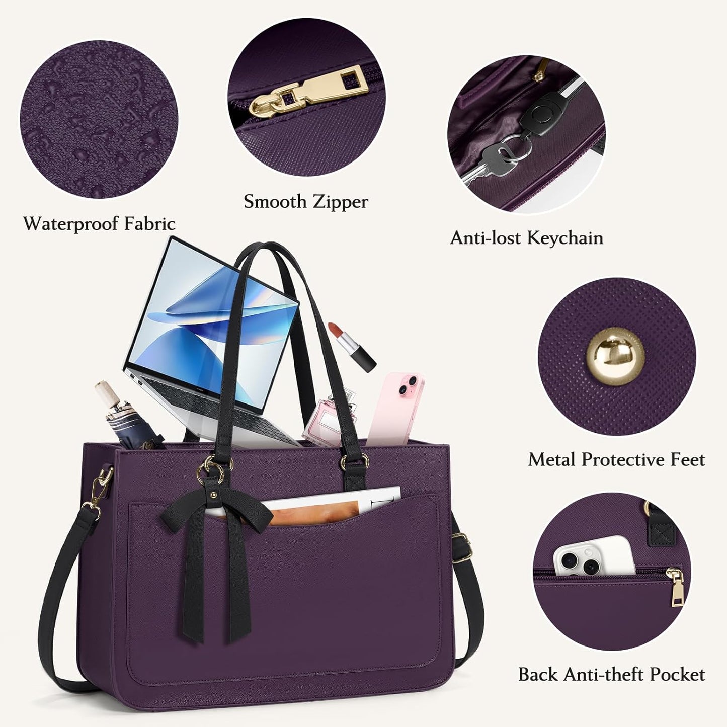 RAINSMORE Laptop Bag for Women 15.6 Inch Work Tote Bags Leather Laptop Tote Waterproof Computer Bag Professional Office Briefcase Large Handbag for College Teacher Travel,Purple and Black