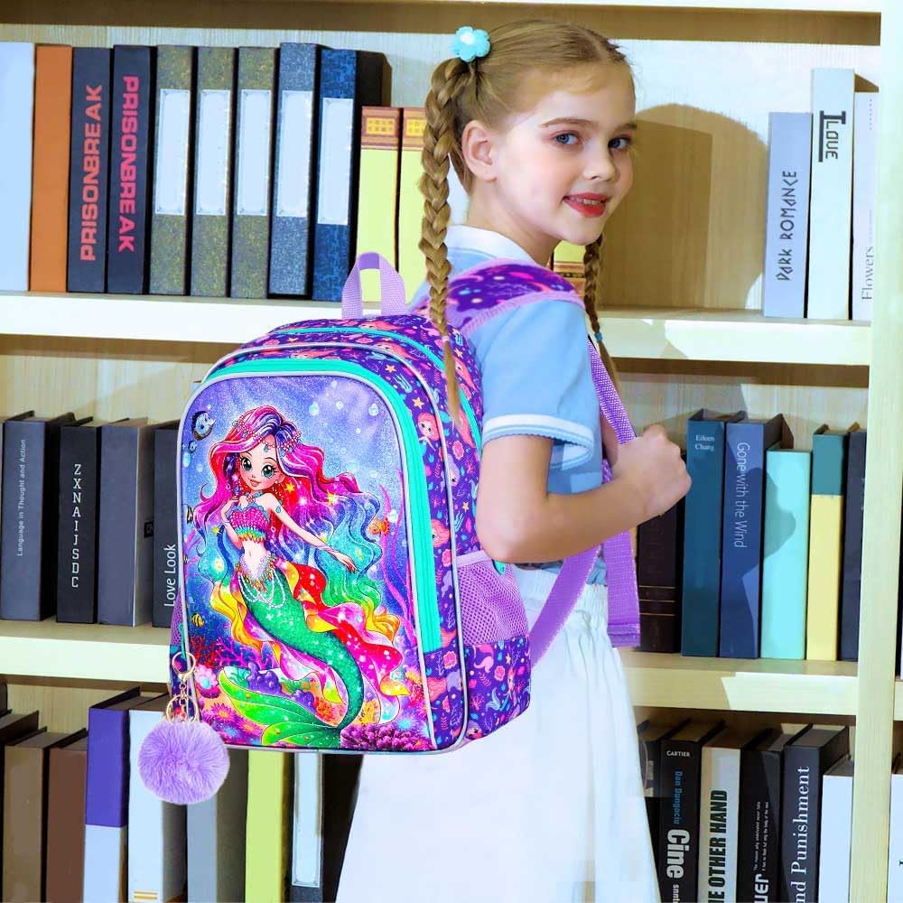 3PCS Girls Mermaid Backpack, Water Resistant Kids Bookbag Set with Lunch Box，Cute Elementary School