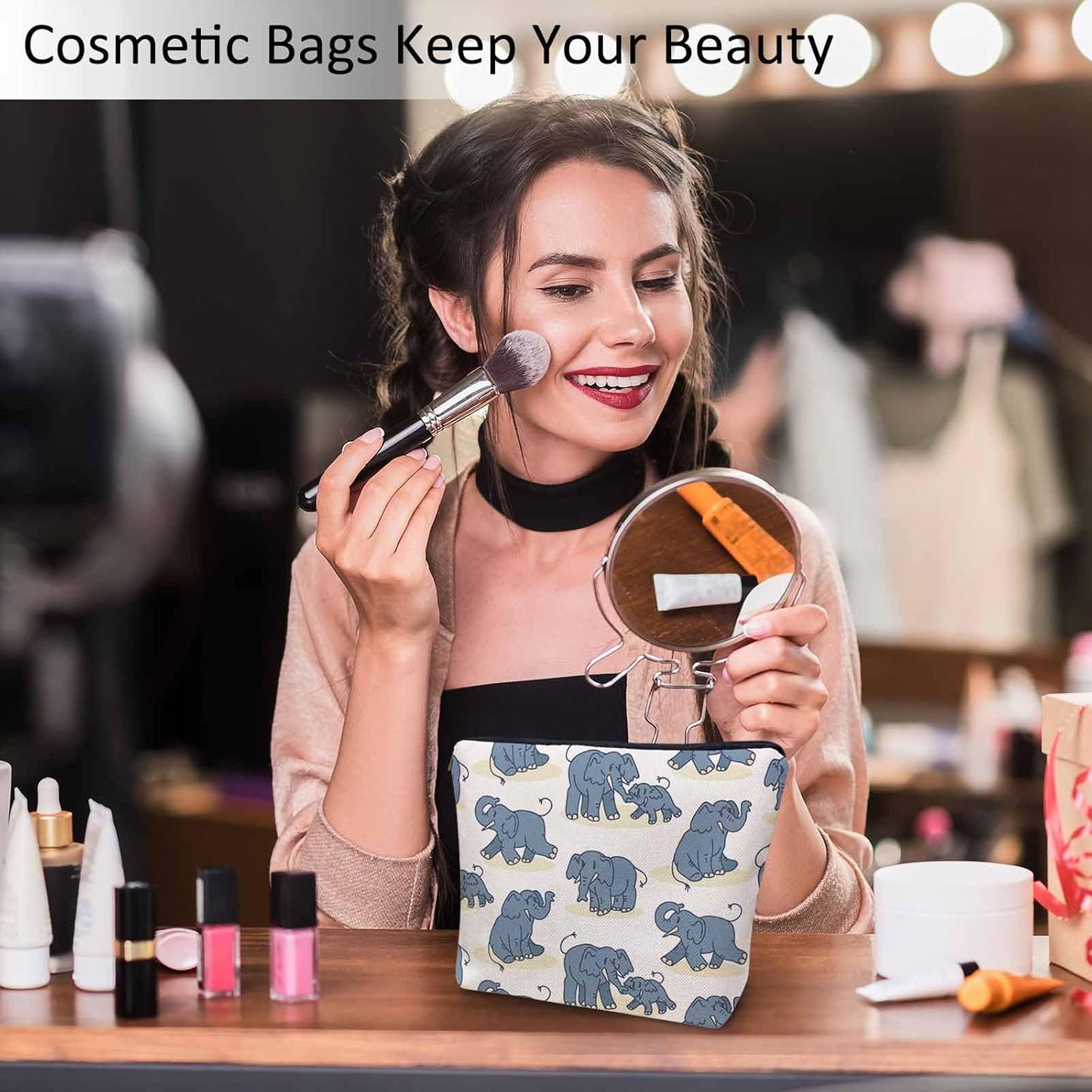 Elephant Makeup Organizer Bag Cosmetic Bag For Men Women, Cute African Animal Elephant Blue Travel Toiletry Bag Flax Makeup Bags Purse Business Makeup Pouch For Toiletries Cosmetics