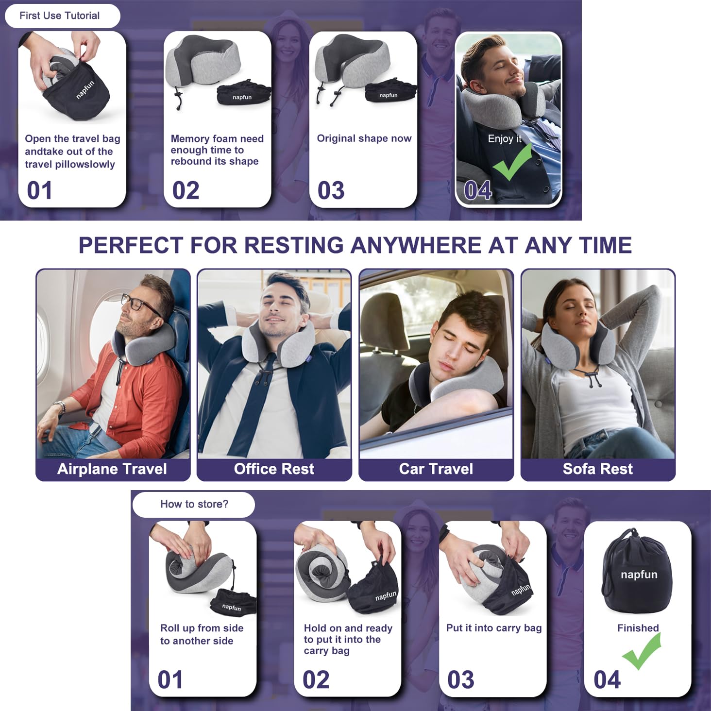 napfun Neck Pillow for Traveling, Upgraded Travel Neck Pillow for Airplane 100% Pure Memory Foam