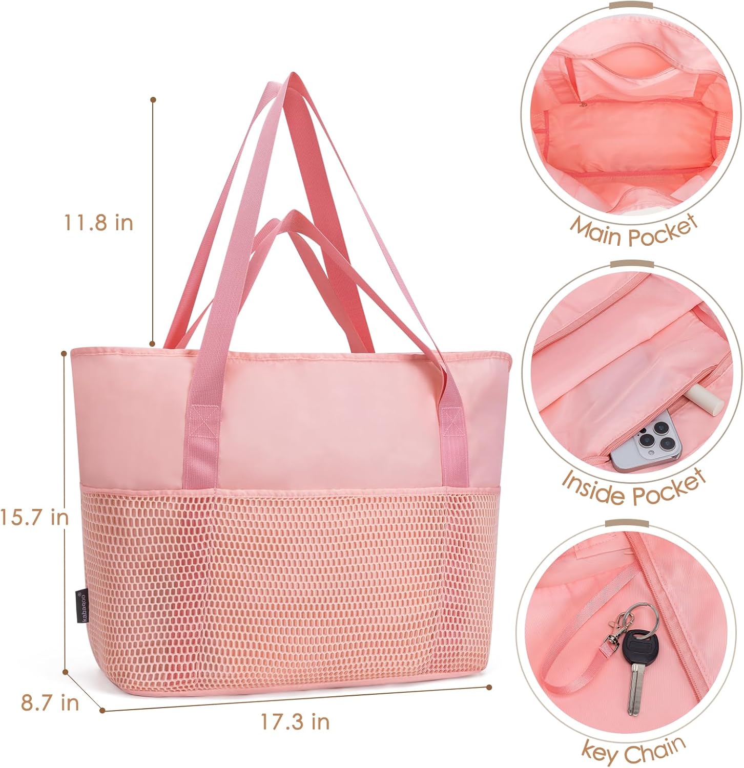 KABAQOO Large Beach Bag Waterproof Sandproof Tote Bag for Women with Zipper & Mesh Pockets for Pool