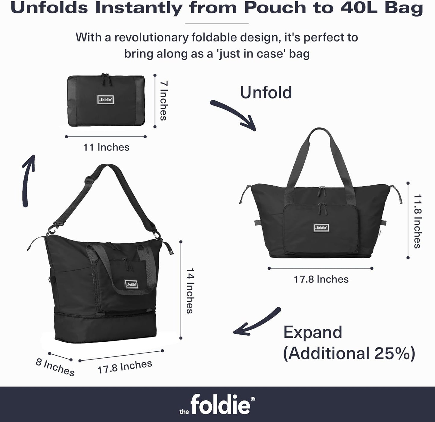 The Foldie Foldable Travel Bag for Women - 40L Weekender Bag with Multiple Pockets - Carry On Expendable Travel Bag