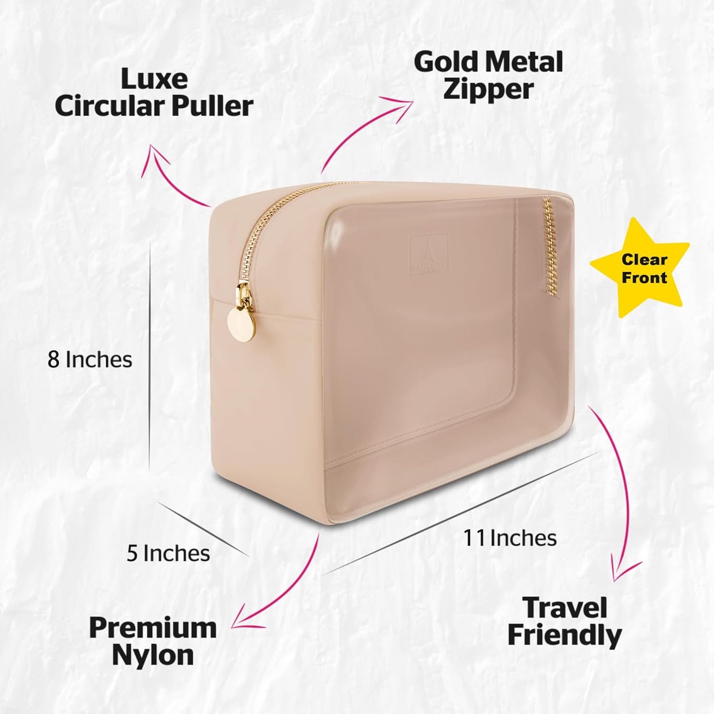 Large Clear Makeup Bag TSA-Approved Travel Cosmetic Pouch Spacious Transparent Toiletry Bag for