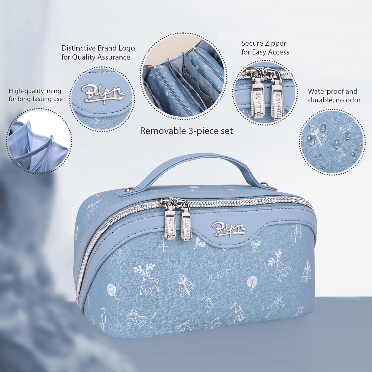 BOYATU Travel Makeup Bag Cosmetic Bags for Women: 3 Pcs Set Portable Make up Bag with Handle - PU