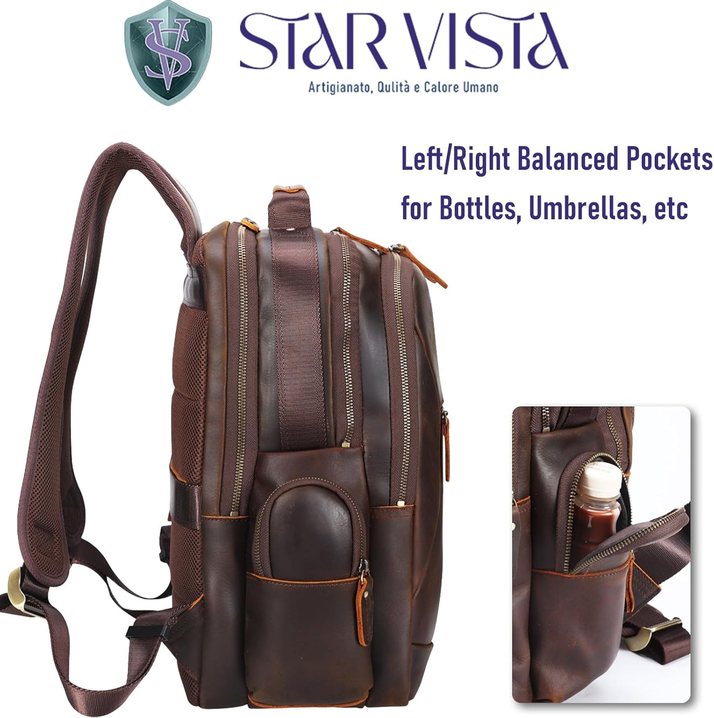 STAR VISTA Nettuno15.6 Vintage Full Grain Leather Laptop Backpack for Men, Multi Pockets, Casual Outdoor Business Travel Rucksack, YKK Zippers