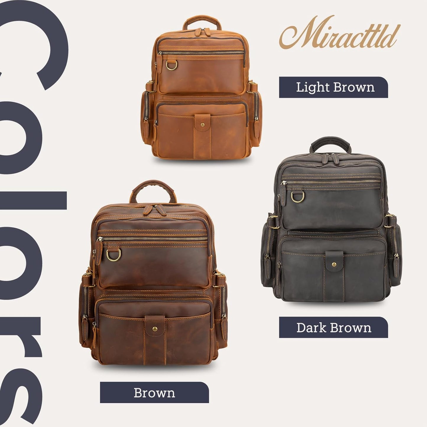 Leather Backpack for Men 15.6" Laptop Backpack 100% Madagascar top-Grain Leather Backpack Light Brown Large Size