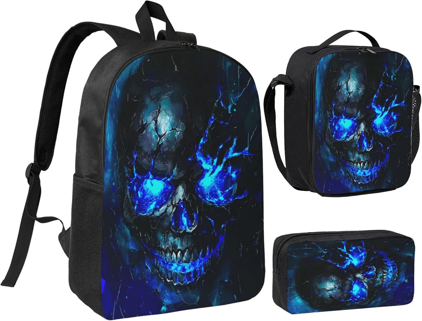 Skull Kid Backpack Set with Lunch Bag & Pencil Case Large Capacity School Bag 17 Inch Bookbag for Boy Girl