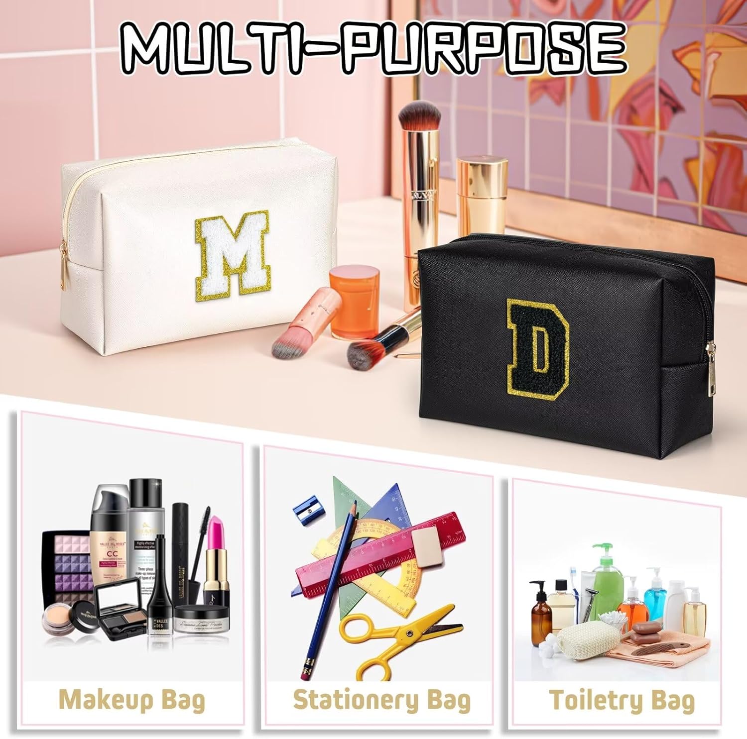 TOPEAST Initial Cosmetic Bag, PU Leather Waterproof Travel Toiletry Bag, Monogrammed Gifts for