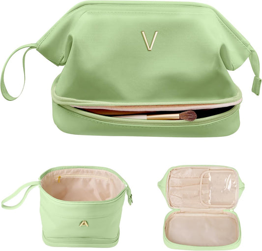 Cool Gifts for College Girl, Initial Large Makeup Bag, Bride To Be Gifts, Double Layer Cosmetic Bag, Waterproof PU Travel Toiletry Bag for Bachelorette Party Women Wedding Bridal, Bride Gifts