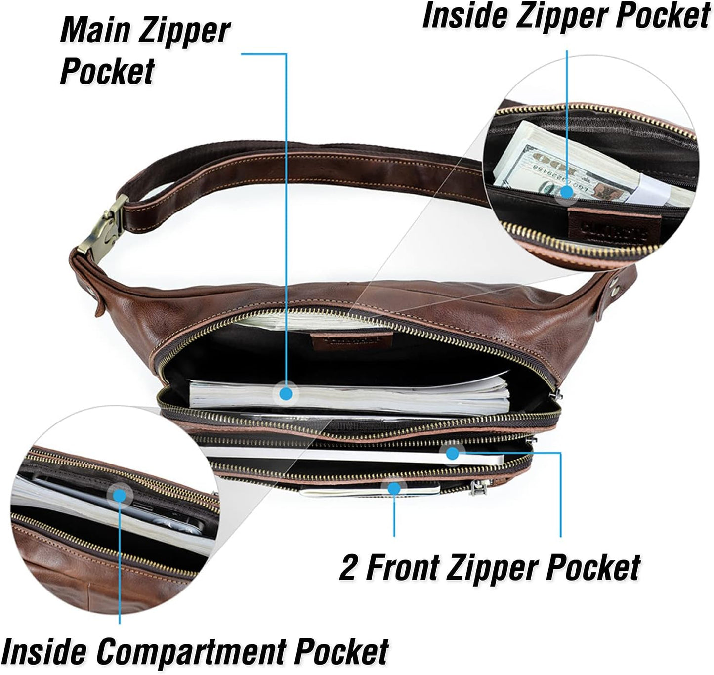 Top Grain Genuine Leather Slim Fanny Pack for Man & Woman, Vintage Design & 5 Pockets & Adjustable Strap, Fully Handmade, Large Capacity Waist Pack Crossbody Belt Bag for Travel or Ride, Red Coffee