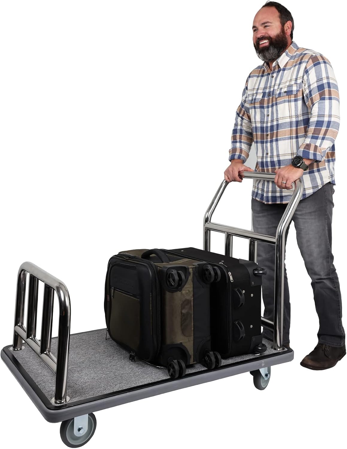Value Valet Utility Cart - Stainless Steel Hotel Cart w/ Grey Carpet & 5" Wheels - Transporter Condo - Luggage Roller for Travel, Resorts, Conference & Residential Use