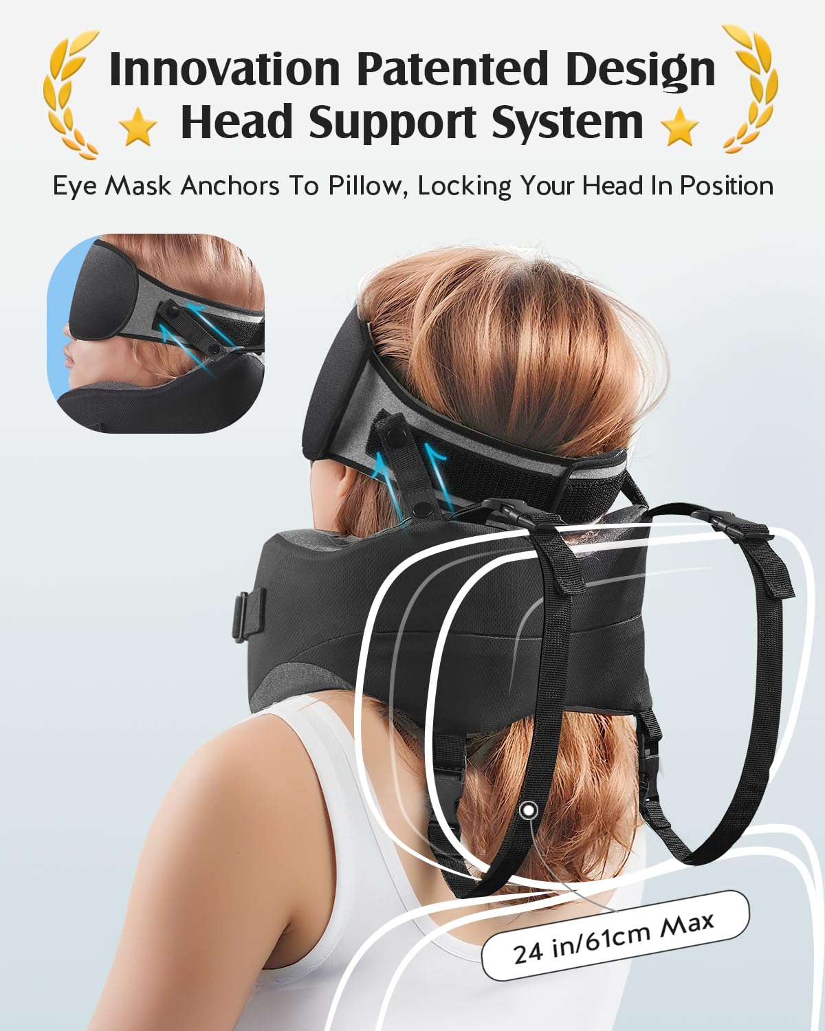 YFONG Travel Pillow with Head Support & Sleep Mask for Long Flights, Black