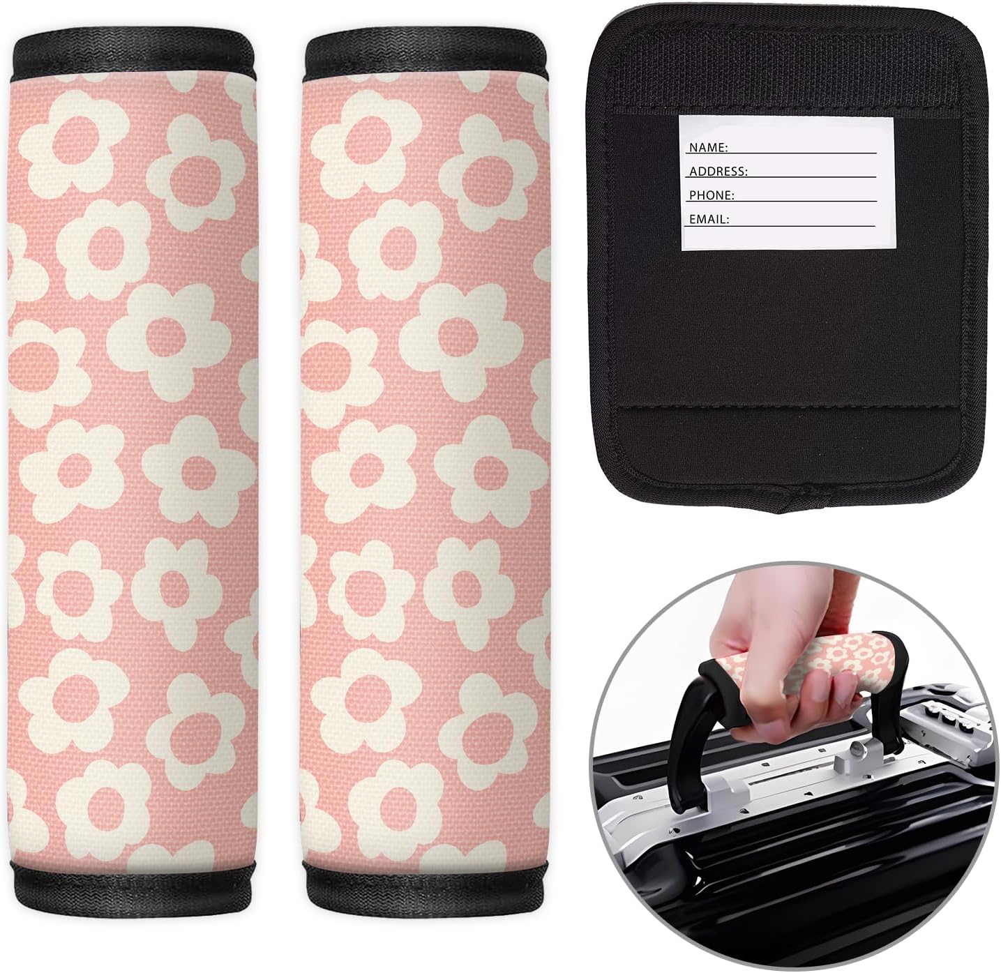 2 Pack Luggage Handle Wrap Travel Tags - Set of Luggage Tags for Suitcases, Identifiers, Marker, and Handle Covers - Cruise Accessories and Travel Gifts（Pink Groovy Flower