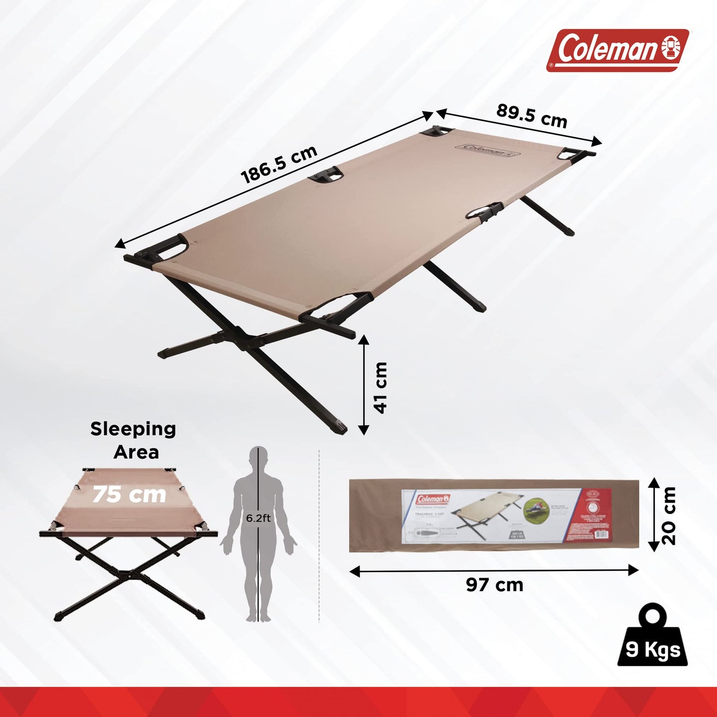 Coleman Trailhead II Large Folding Cot with Easy Setup & Takedown, Supports Adults up to 6ft 2in or