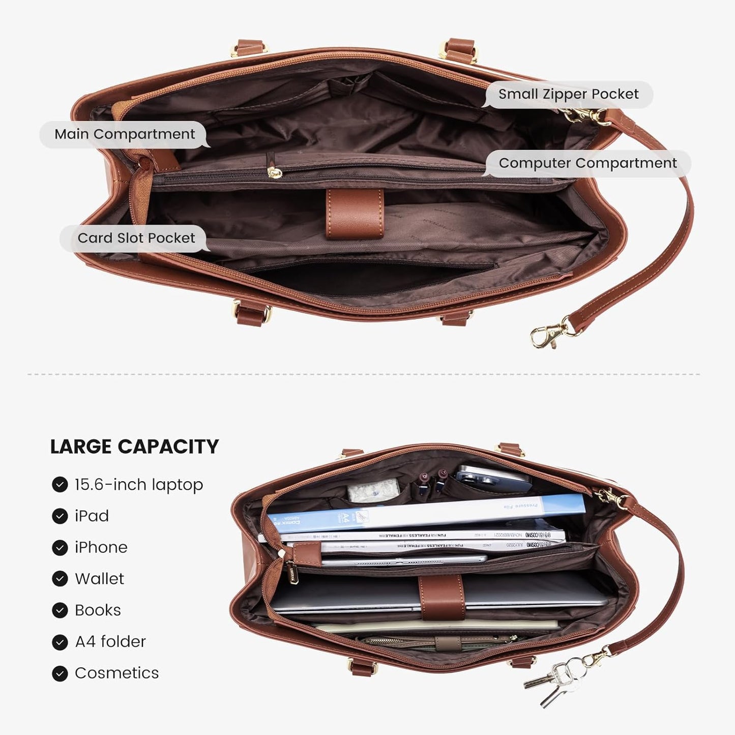 LOVEVOOK Laptop Tote Bag for Women, Office Work Bag Briefcase fit for 15.6 inch Laptop, Large Capacity Teacher Computer Bag Handbag Brown/Apricot/Beige