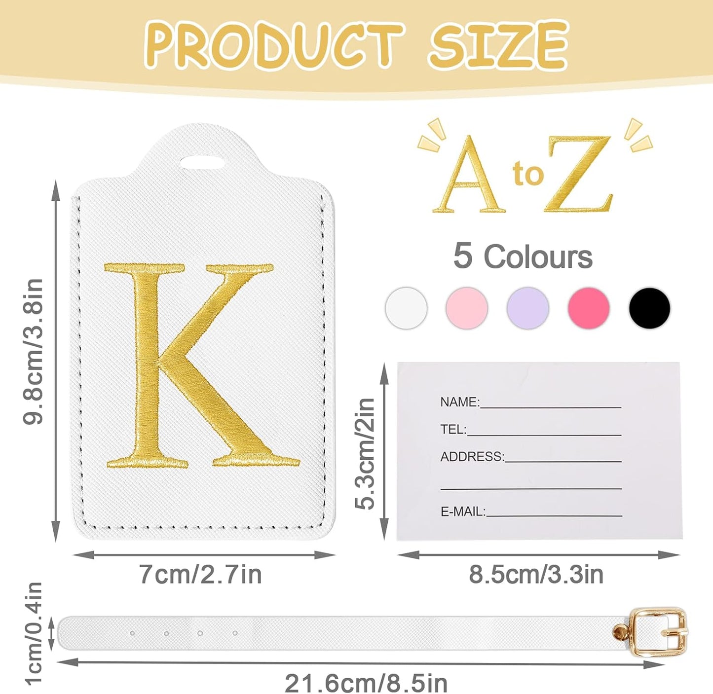 Personalized Initial Luggage Tags for Suitcases, Cute PU Leather Embroidered Letter Travel Luggage Tags, Suitcase Identifier Name Baggage Tag, Bag Tags for Men Women Kids Luggage Handbags(White K)