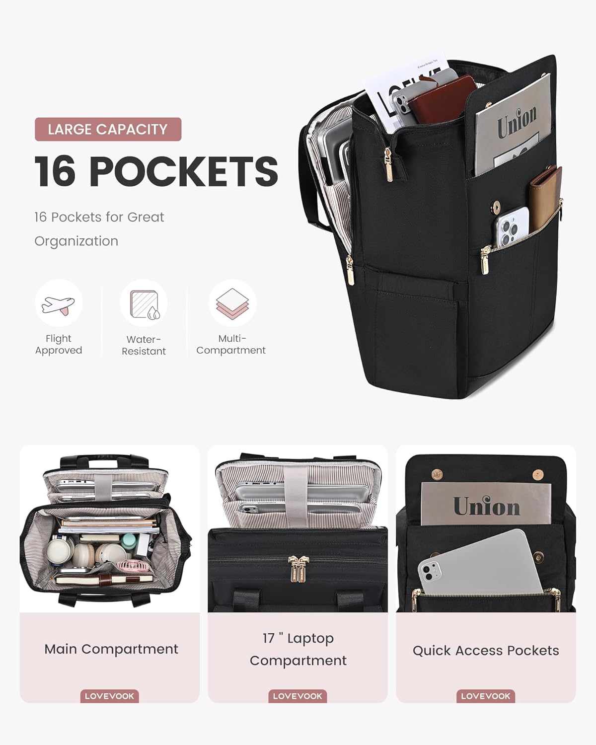 LOVEVOOK 17.3 Inch Laptop Backpack for Women, Large Capacity Travel Backpack with Organizer Bag, Waterproof Carry on Backpack Work Bag with USB Port, Teacher Nurse Backpack Purse, 2PCS