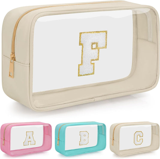 Personalized Initial Clear Makeup Bag, Travel Chenille Patch Cosmetic Bag, Preppy Toiletry Bag Monogram Cosmetic Pouch with Zipper, Ideal Gift for Teen Girls Women (Clear-Beige, F)