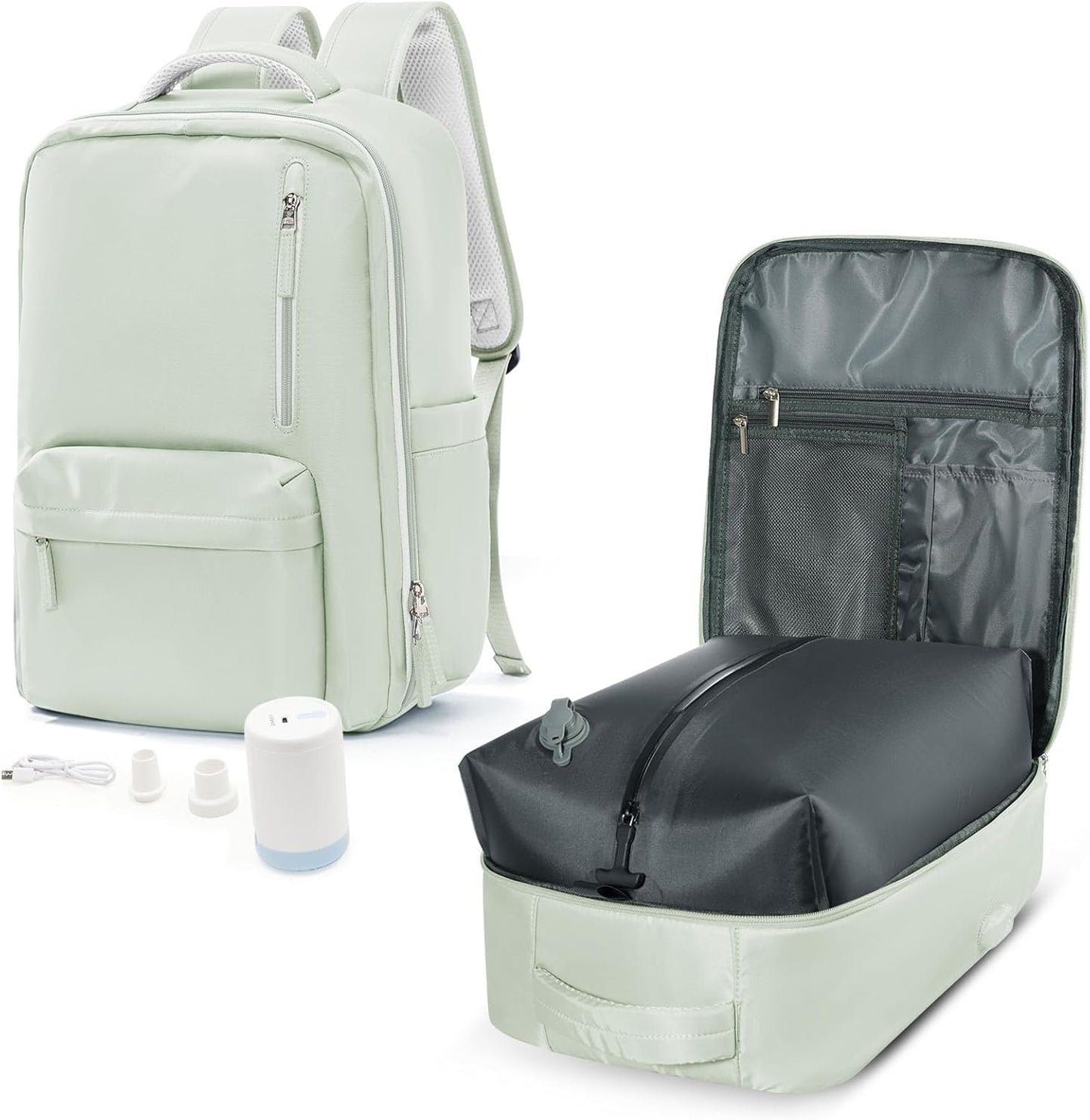 VGCUB Small Travel Backpack with Vacuum System Carry on Storage Compression Personal Item Bags with Electric Pump Work Business Vacpack College Lightweight Backpack for Women Men Mint green