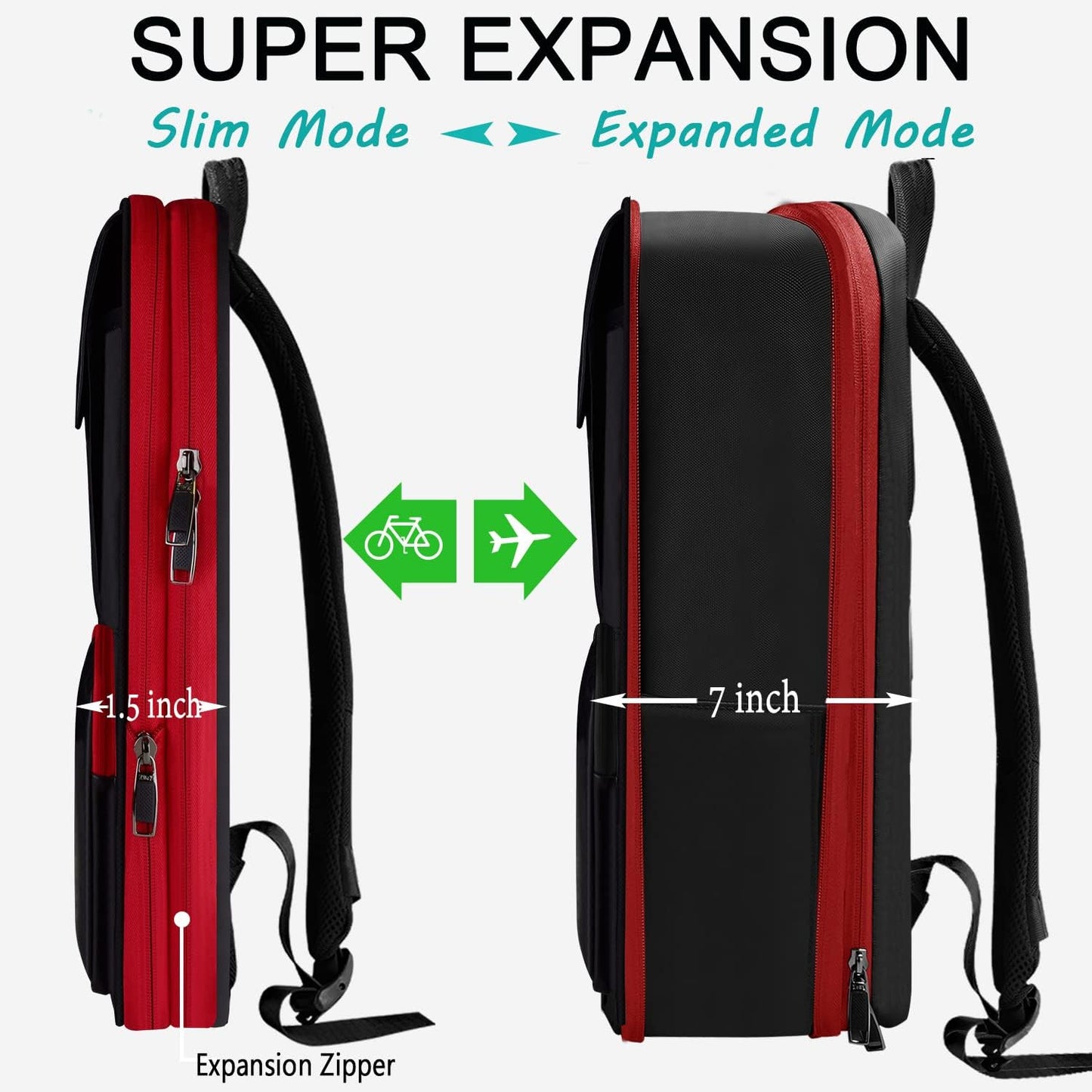 ZINZ Slim & Expandable Laptop Backpack 15.6 Inch, Computer Rucksack Water Resistant Bag, Anti-Theft Travel Daypack for Men and Women-Black&Red