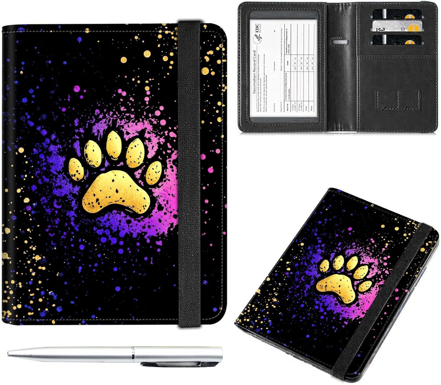 Passport and Vaccine Card Holder Cover Combo,Travel Passport Holder Wallet with RFID Blocking, Leather Vaccine Card Slot Passport Cover Case for Women & Men,Colorful Dog Pawprint