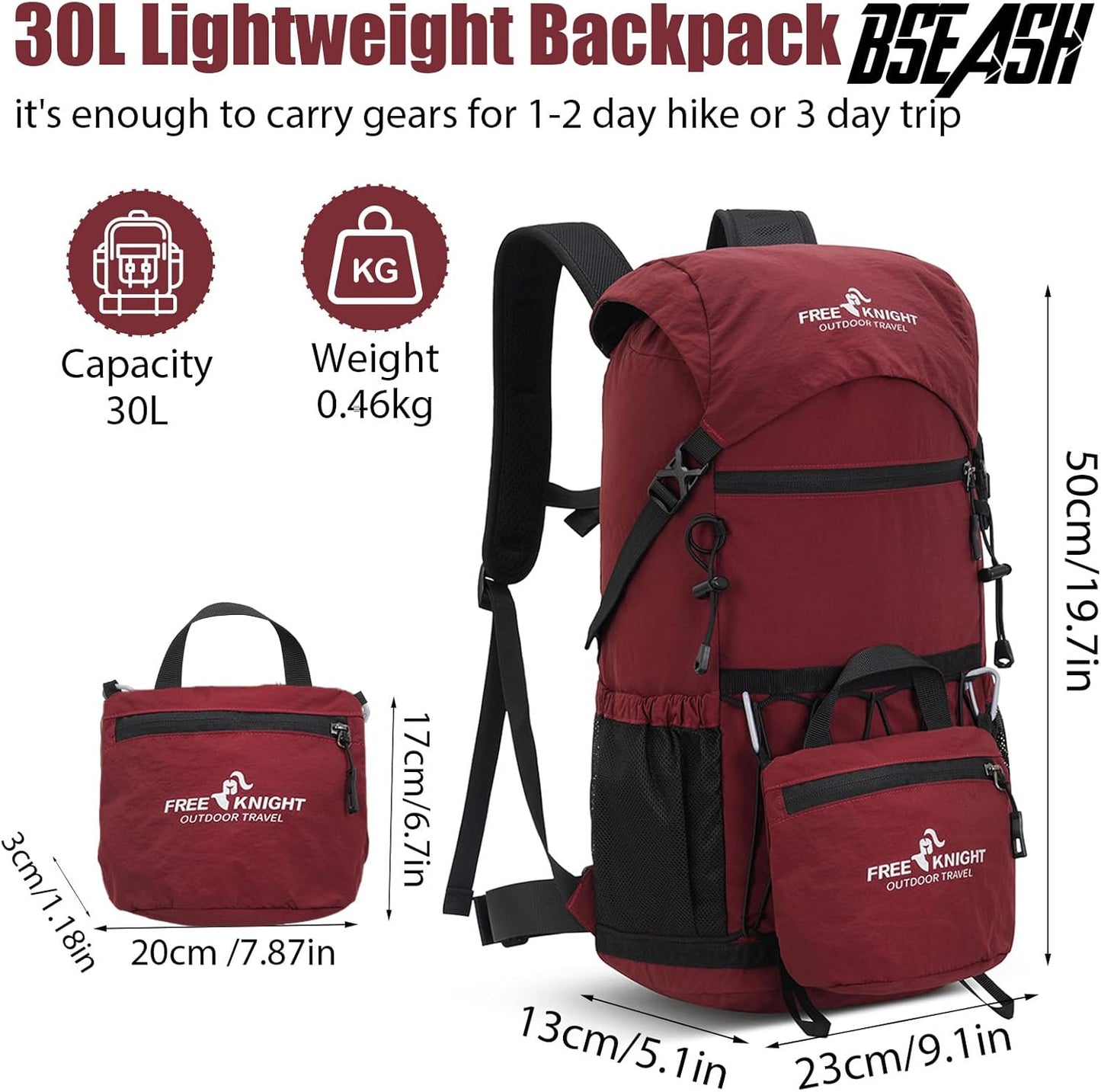Bseash 30L Lightweight Hiking Backpack, Outdoor Sport Waterproof Travel Bag Daypack for Cycling Climbing Skiing (Red)