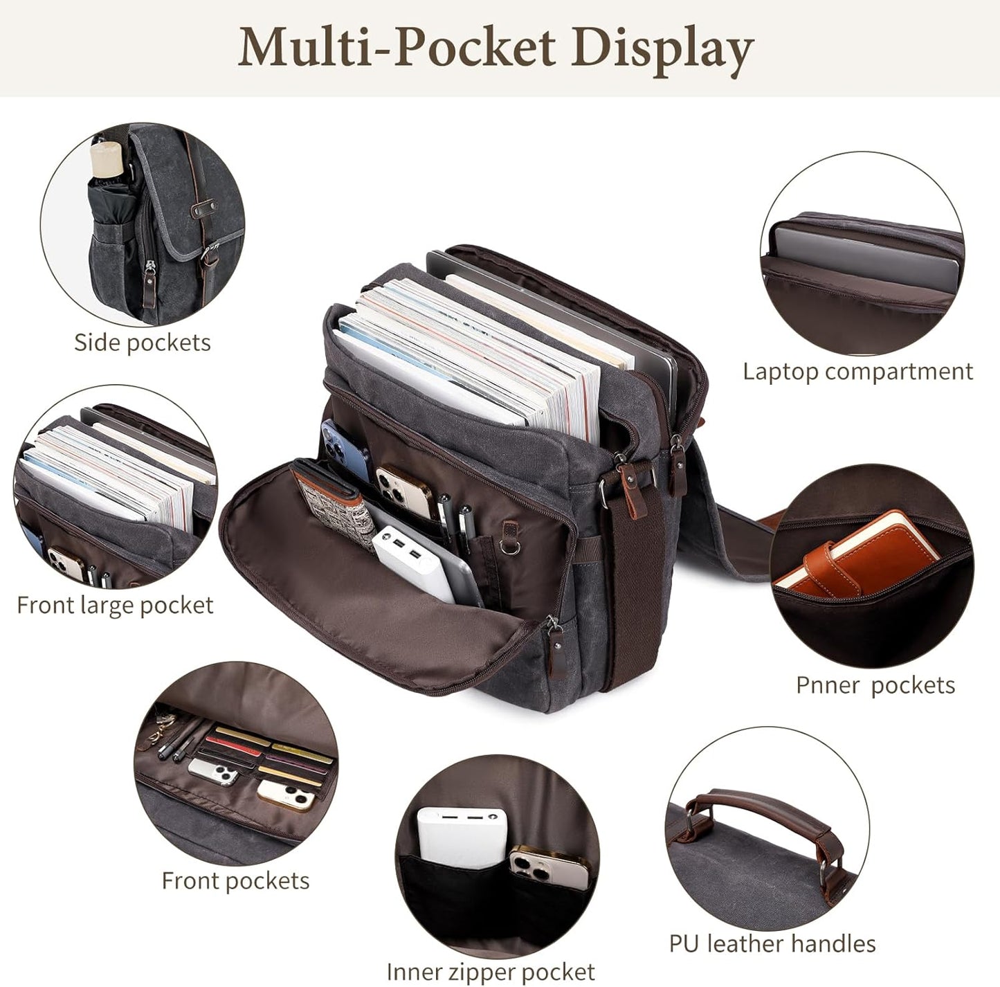Wogarl 15.6" Messenger Bag for Men: Leather Waxed Canvas Briefcase Large Computer Laptop Bag Handbags Crossbody Bags for Work